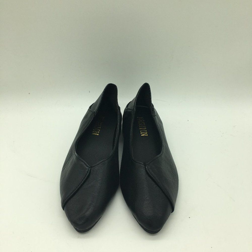 Black Pointed Toe Flat Chunky Low Heel Slip On Office Dress Shoes